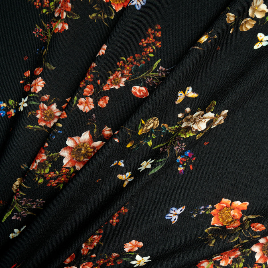 Multi Floral Printed Black Merino Wool