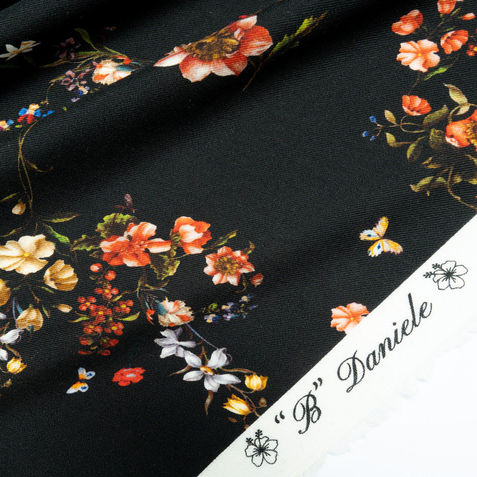Multi Floral Printed Black Merino Wool