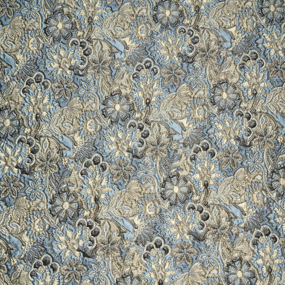 Blue & Muted Gold Floral Metallic Cloqué