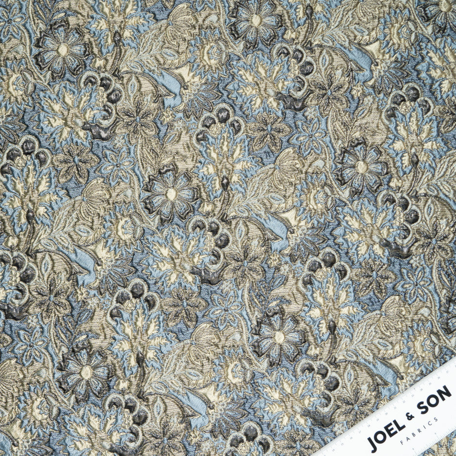 Blue & Muted Gold Floral Metallic Cloqué