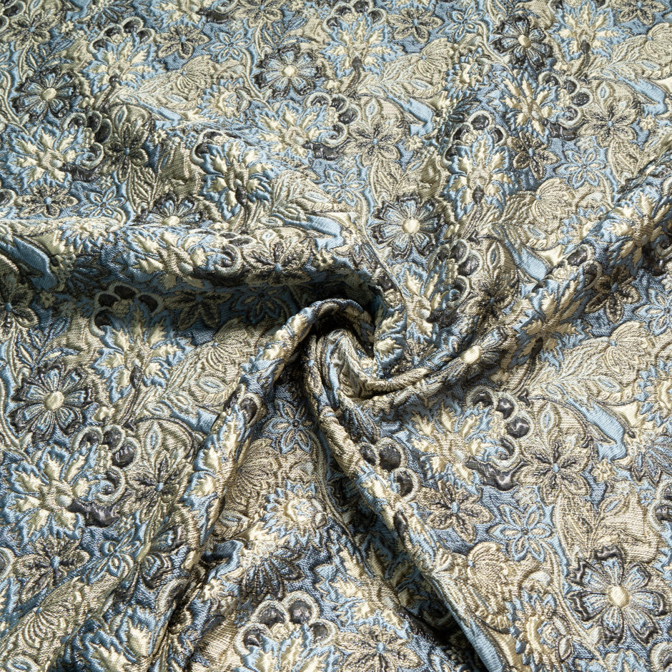Blue & Muted Gold Floral Metallic Cloqué