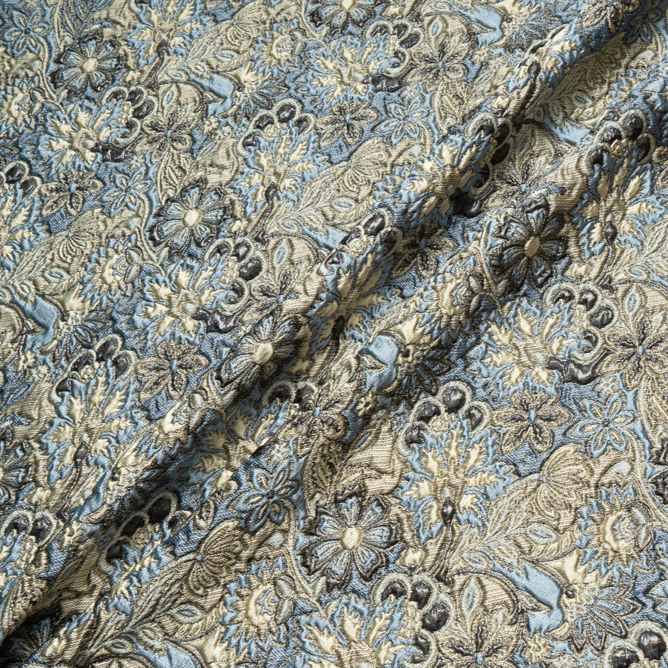Blue & Muted Gold Floral Metallic Cloqué