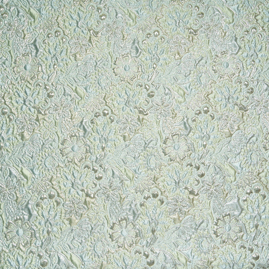Duck Egg Blue & Green Floral Metallic Cloqué