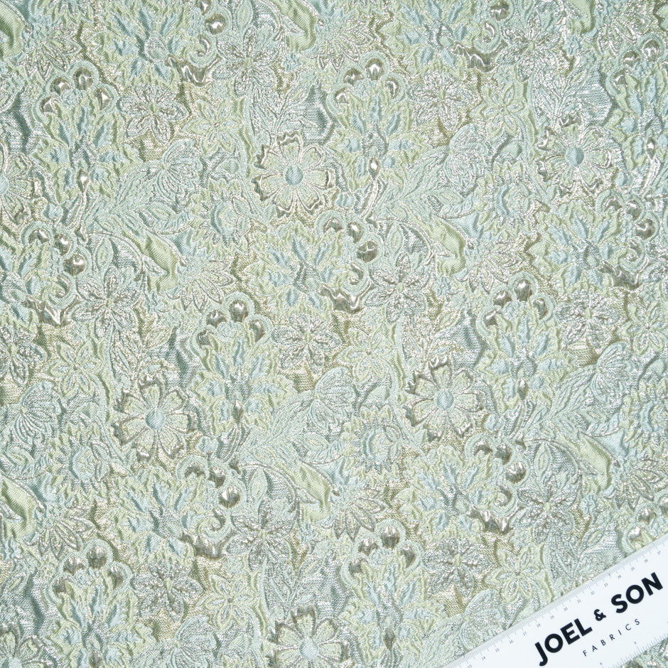 Duck Egg Blue & Green Floral Metallic Cloqué