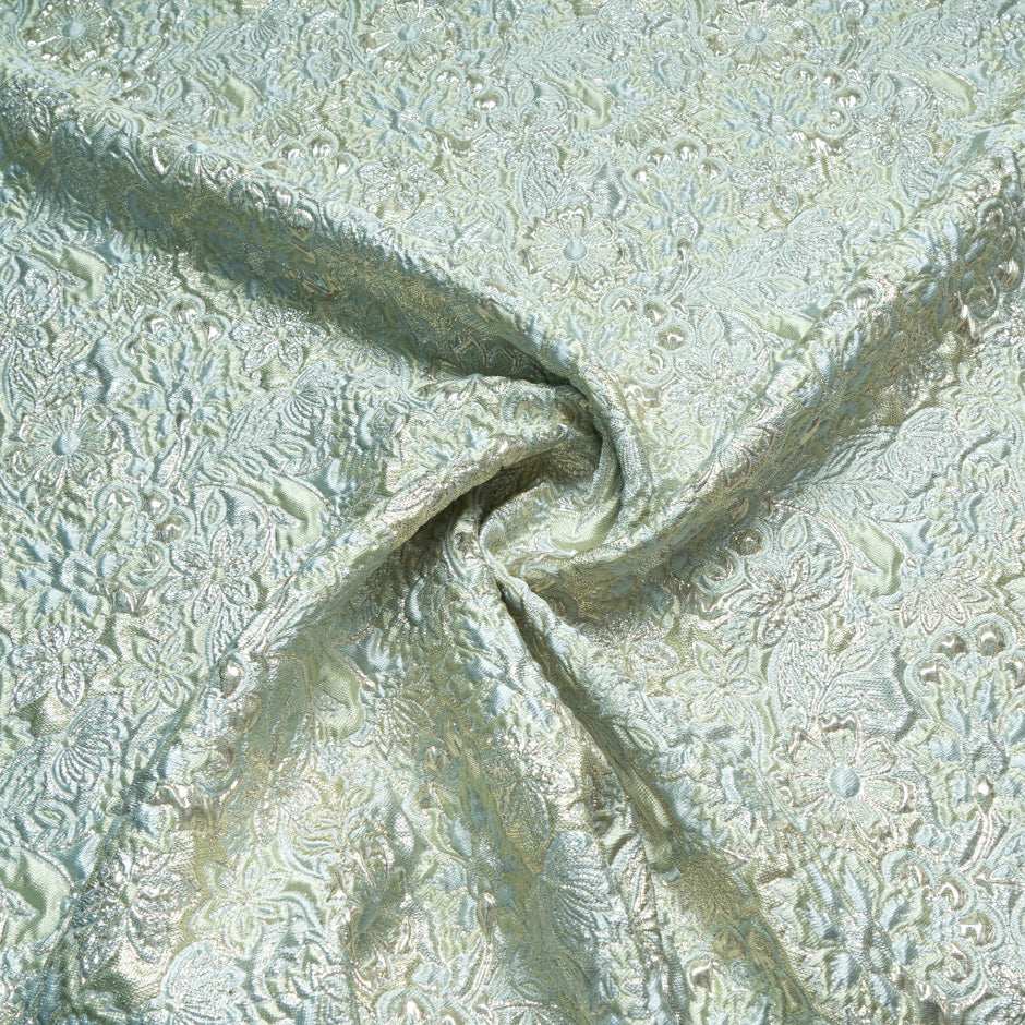 Duck Egg Blue & Green Floral Metallic Cloqué