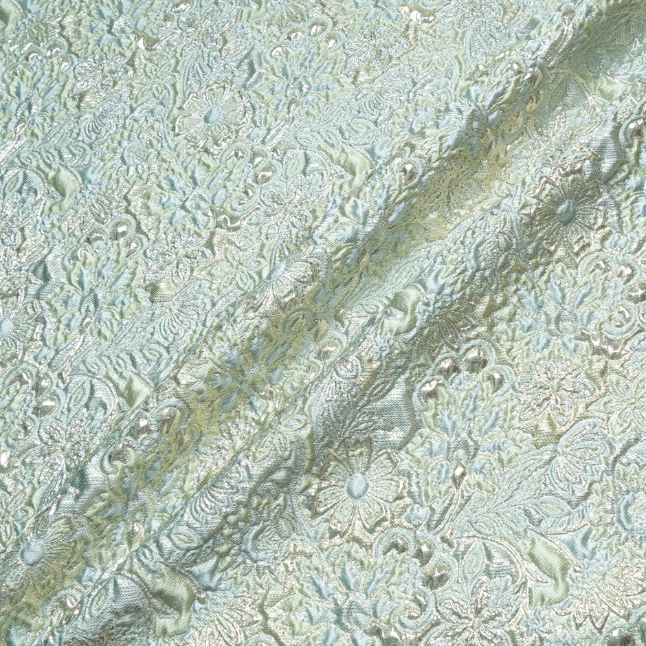 Duck Egg Blue & Green Floral Metallic Cloqué