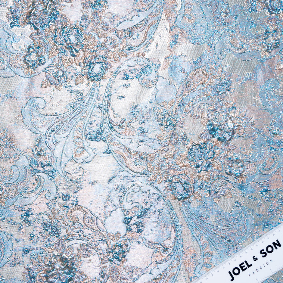 Blue, Pink & Cream Paisley Metallic Cloqué