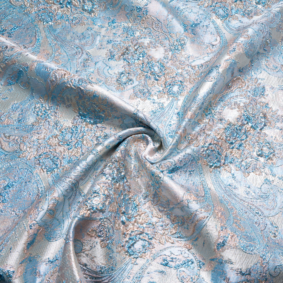 Blue, Pink & Cream Paisley Metallic Cloqué