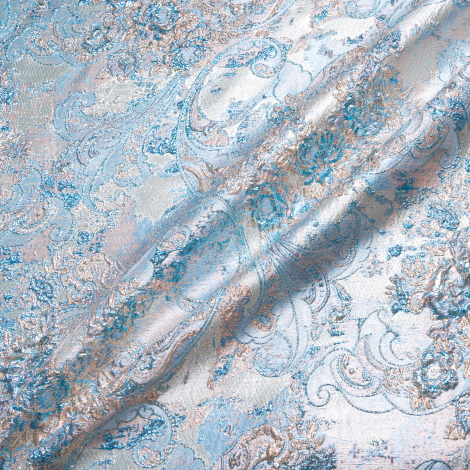 Blue, Pink & Cream Paisley Metallic Cloqué