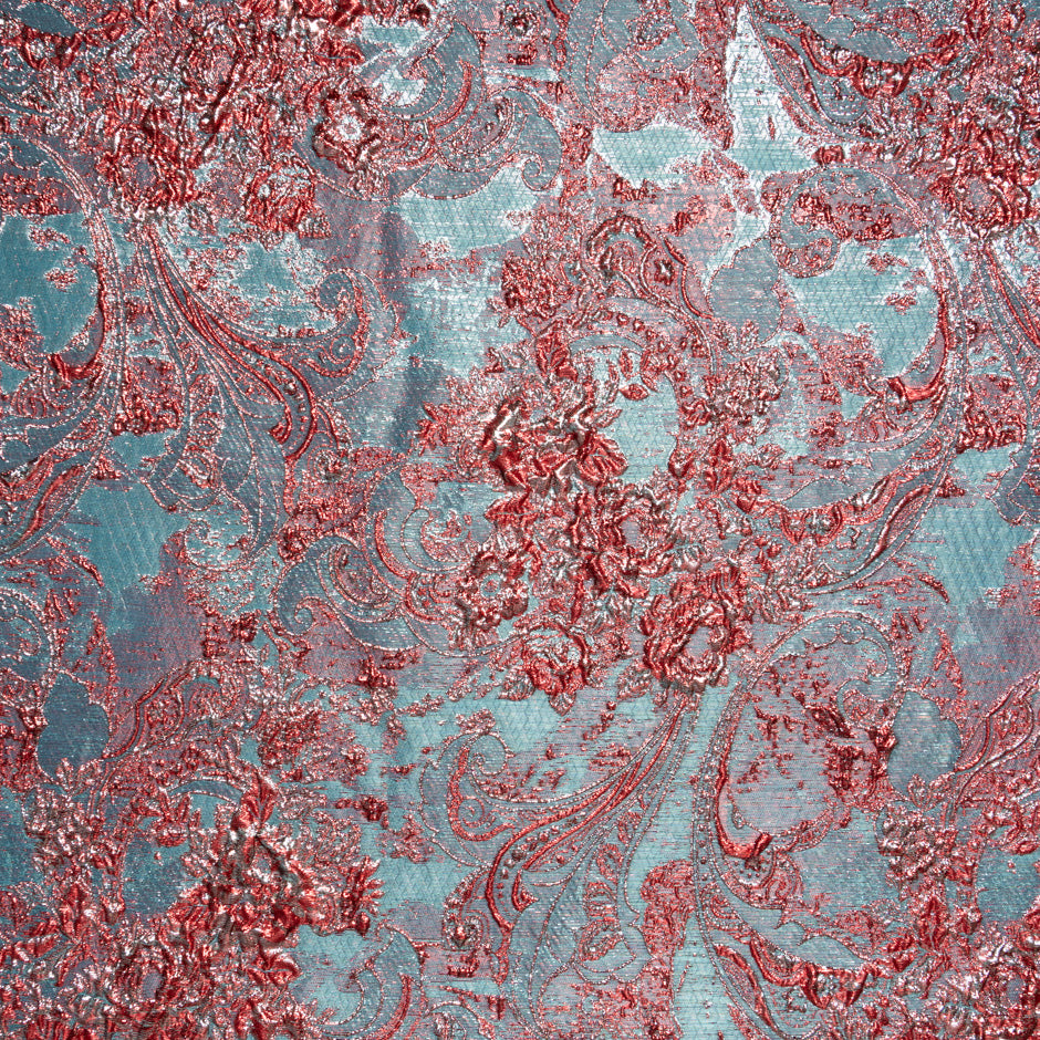 Blue & Red Abstract Paisley Metallic Cloqué