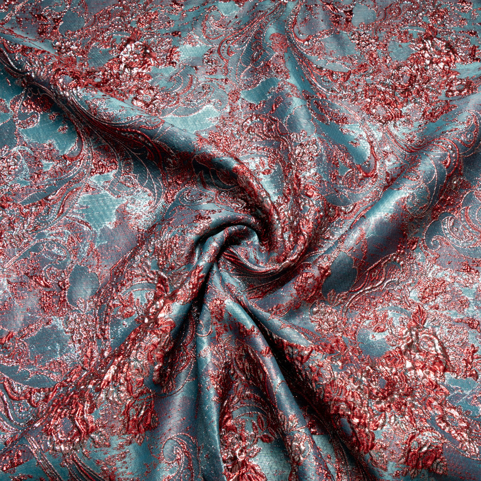 Blue & Red Abstract Paisley Metallic Cloqué