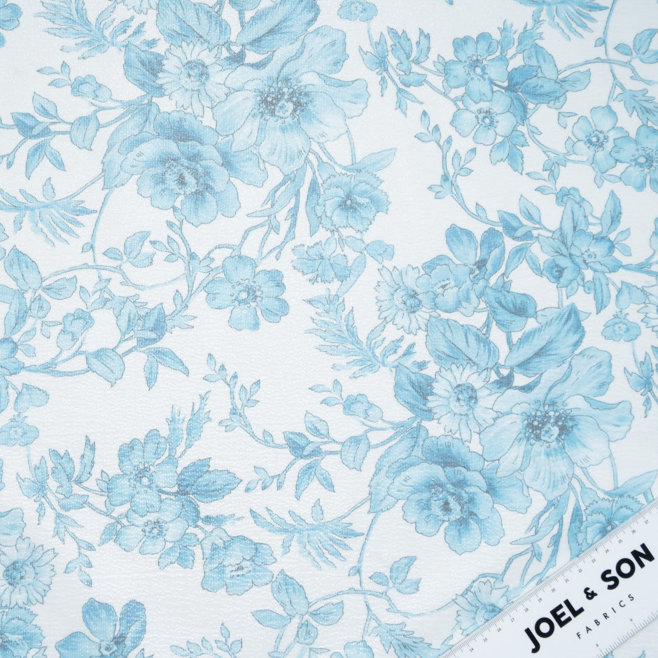 Turquoise Blue Floral Printed Metallic Silk Blend Georgette