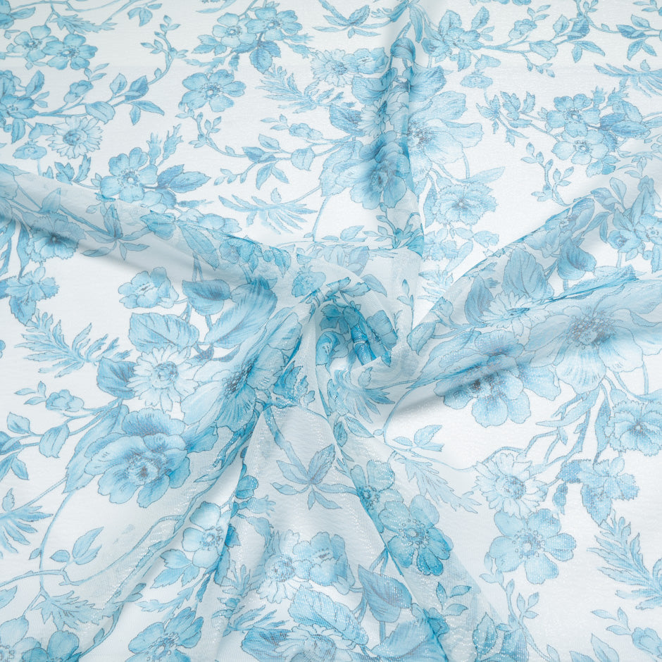 Turquoise Blue Floral Printed Metallic Silk Blend Georgette