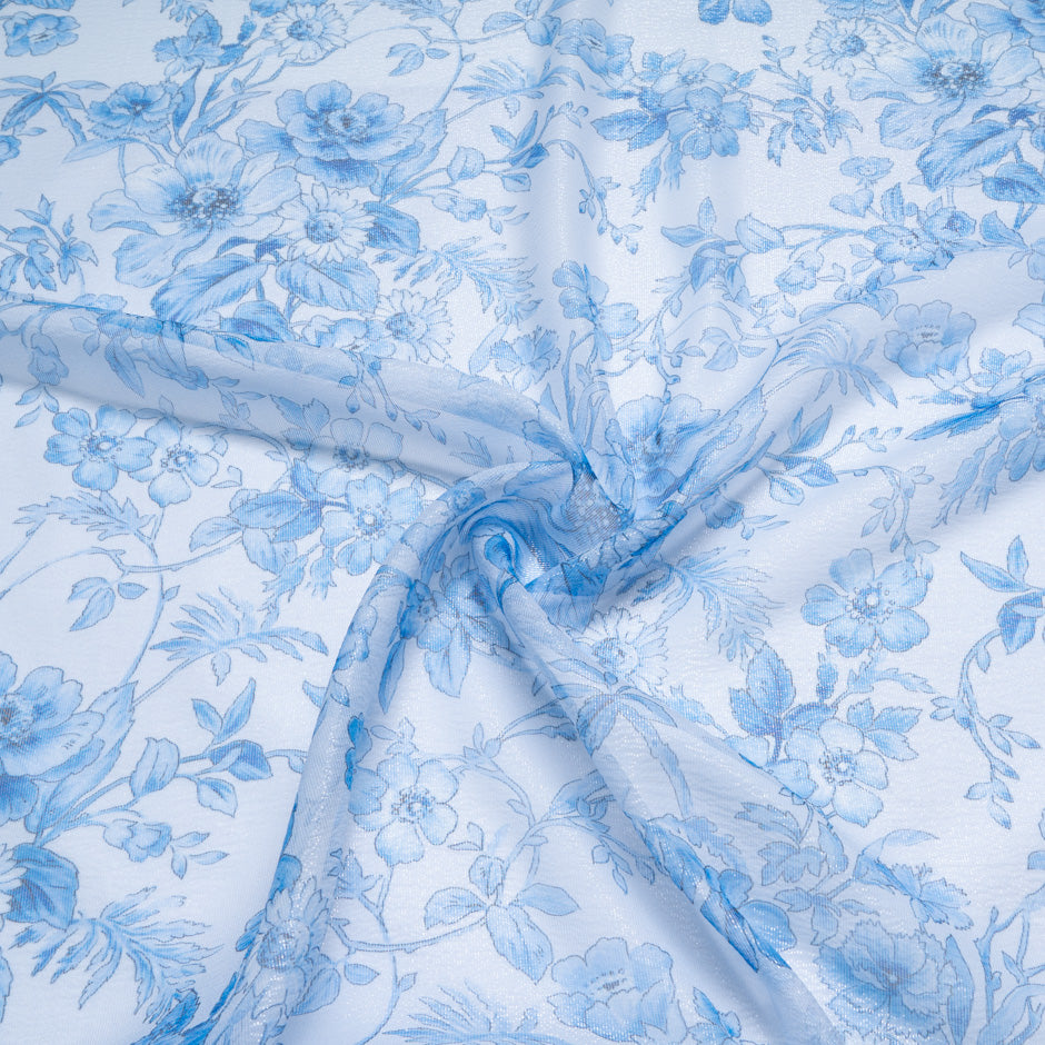 Blue Floral Printed Metallic Silk Blend Georgette