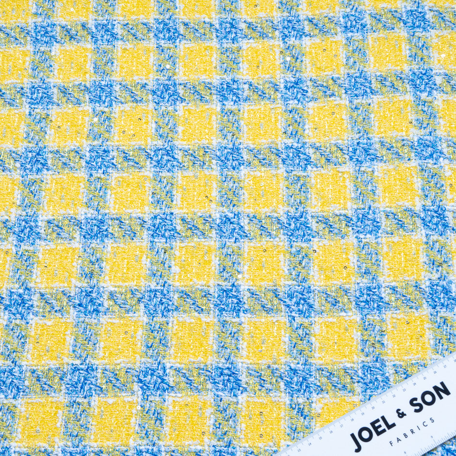 Rich Blue & Yellow Checkered Sequin Bouclé