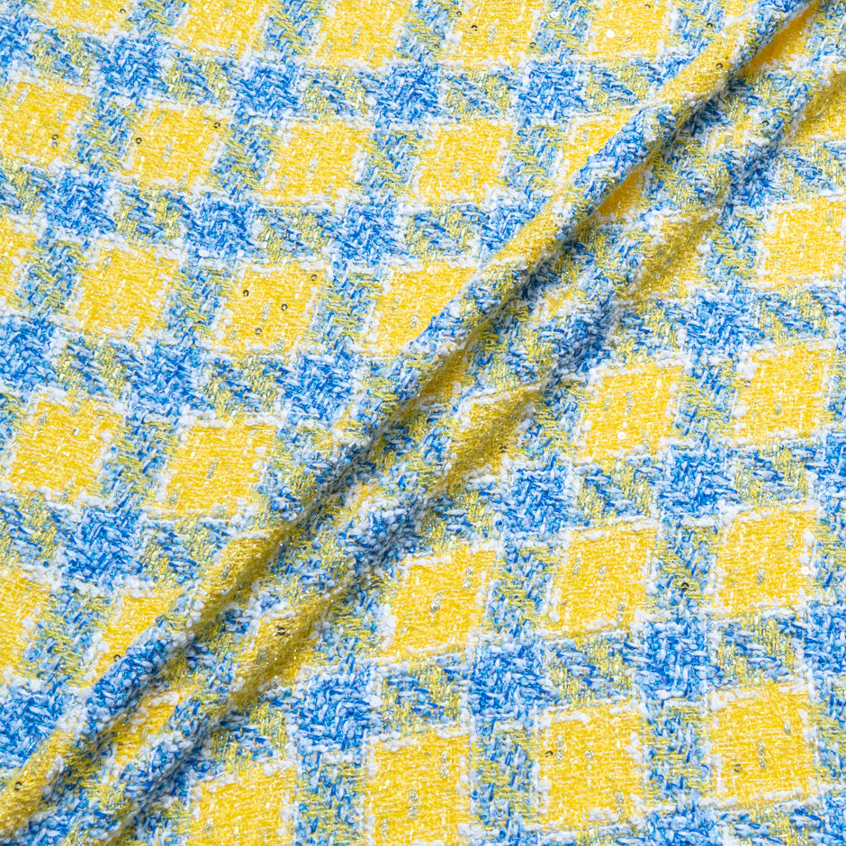 Rich Blue & Yellow Checkered Sequin Bouclé