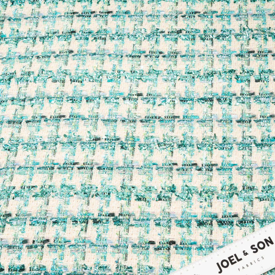 Teal Green & Cream Metallic Cotton Dogtooth Bouclé