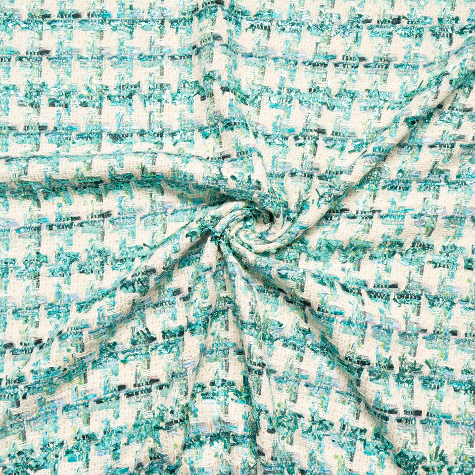 Teal Green & Cream Metallic Cotton Dogtooth Bouclé