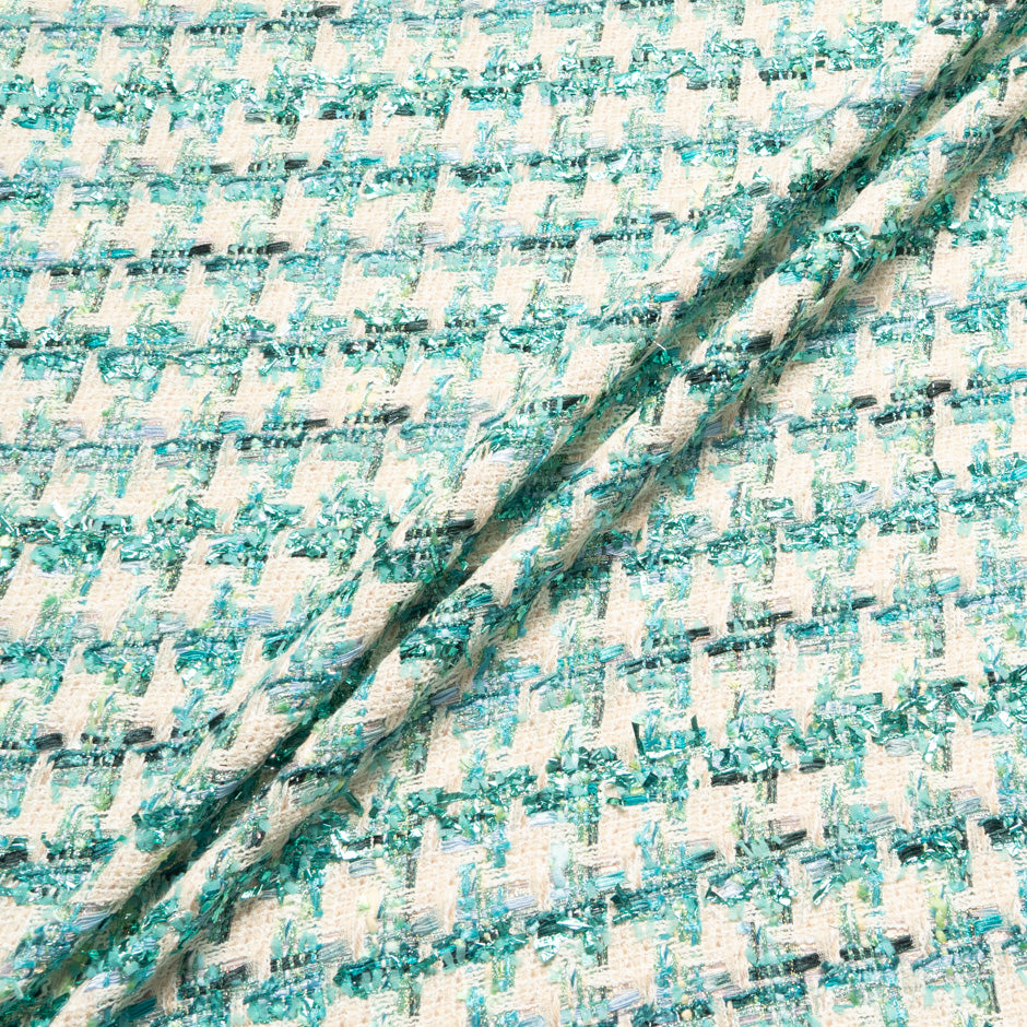 Teal Green & Cream Metallic Cotton Dogtooth Bouclé