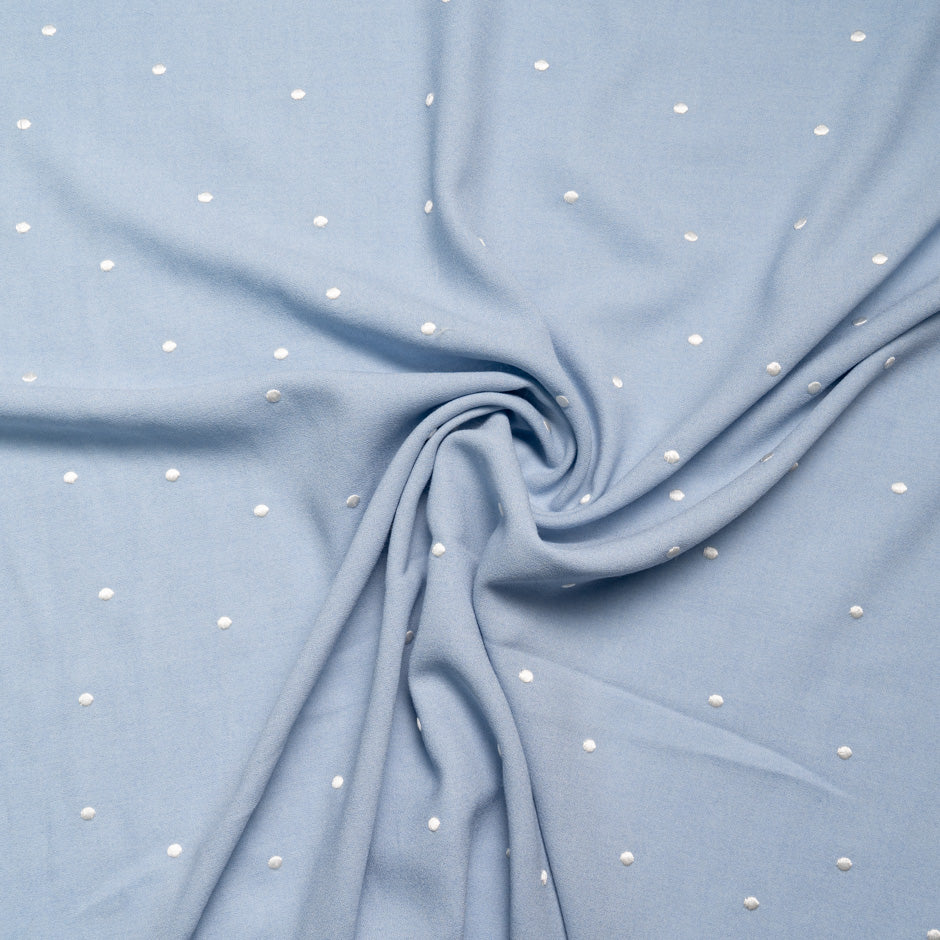 Ivory Spot Embroidered Baby Blue Wool Blend Crêpe