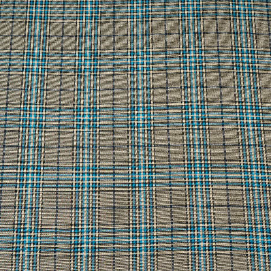 Beige, Brown & Blue Tartan Stretch Wool