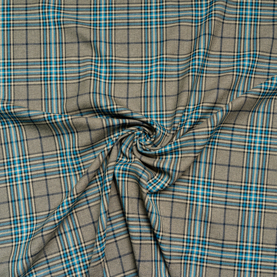 Beige, Brown & Blue Tartan Stretch Wool