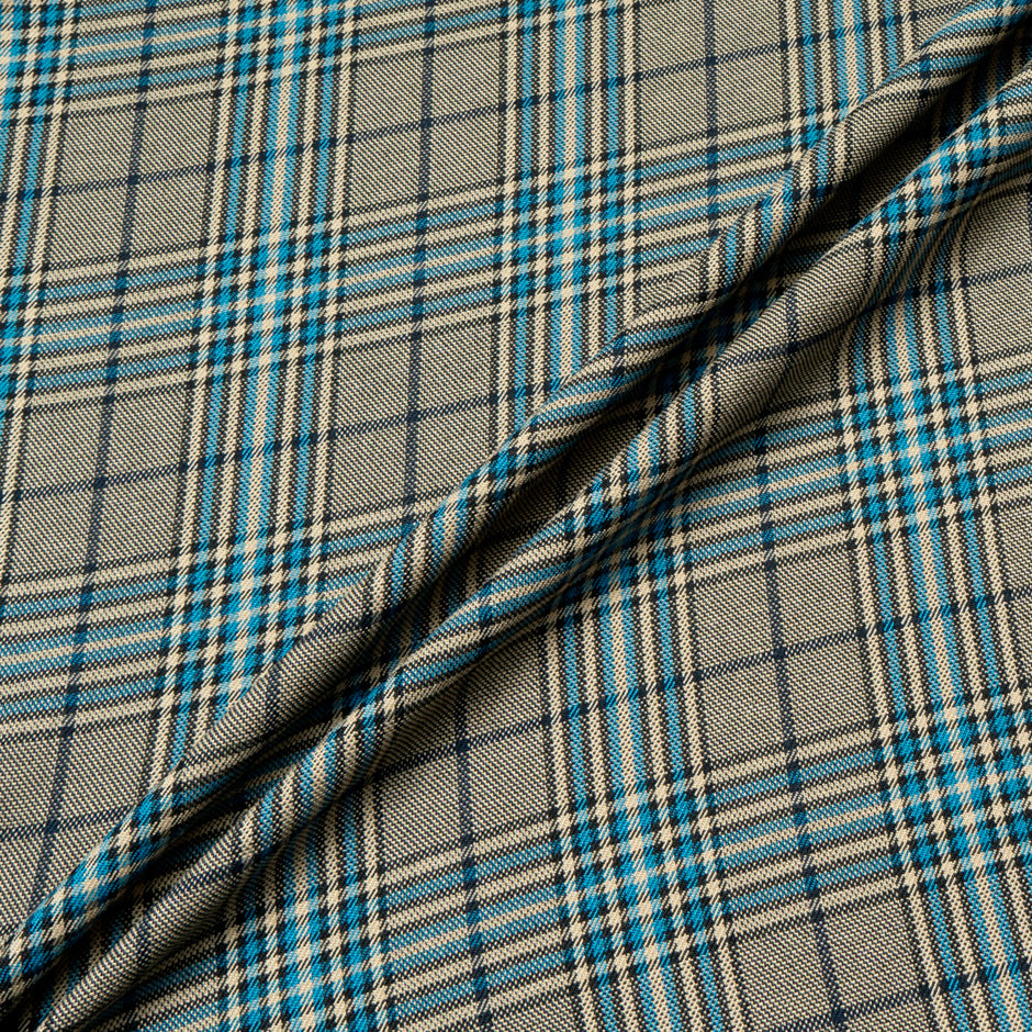 Beige, Brown & Blue Tartan Stretch Wool