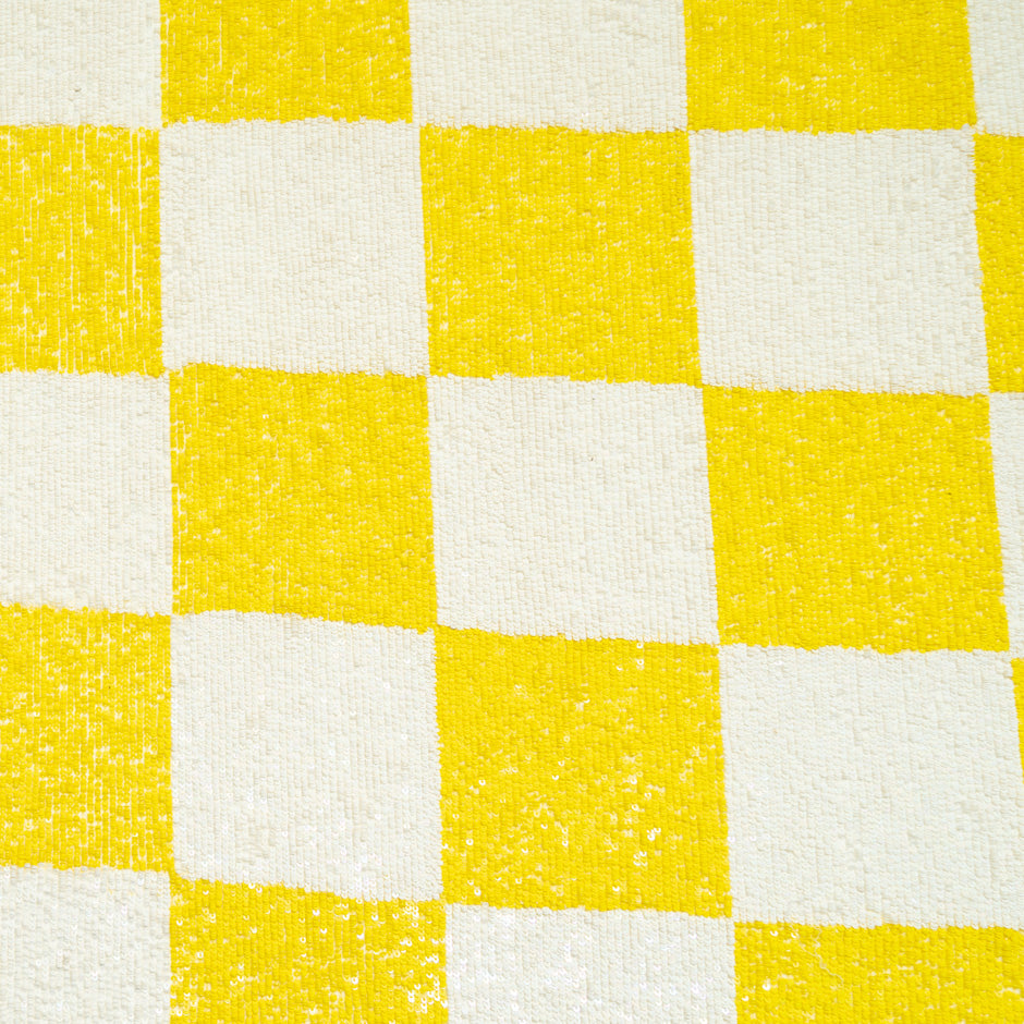 Canary Yellow & Ivory Check Sequinned Georgette
