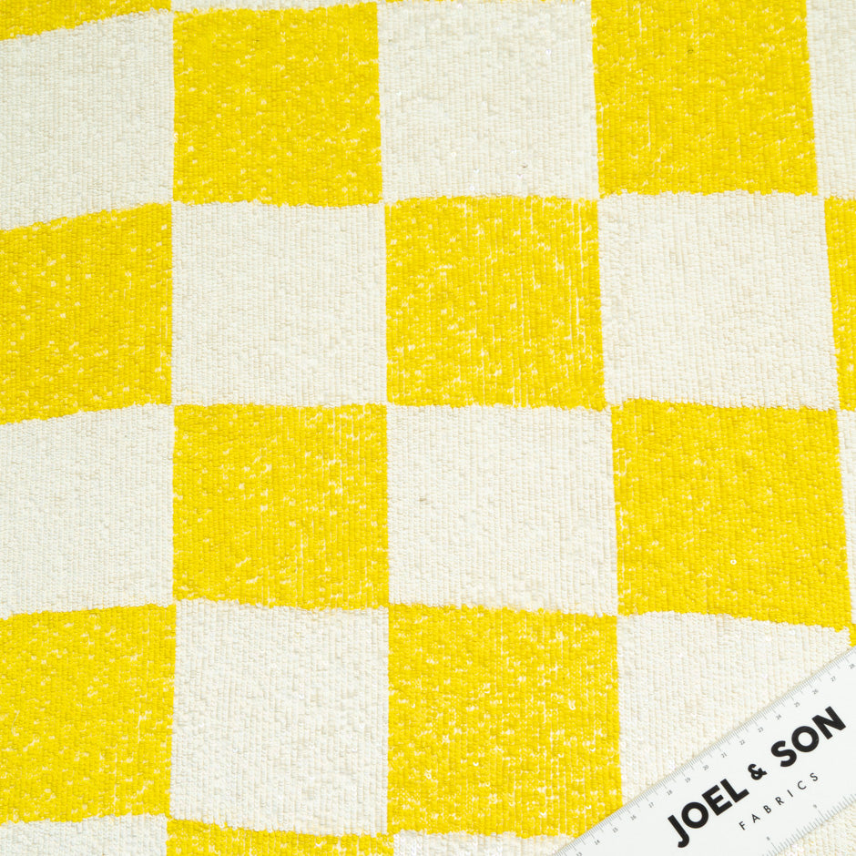 Canary Yellow & Ivory Check Sequinned Georgette