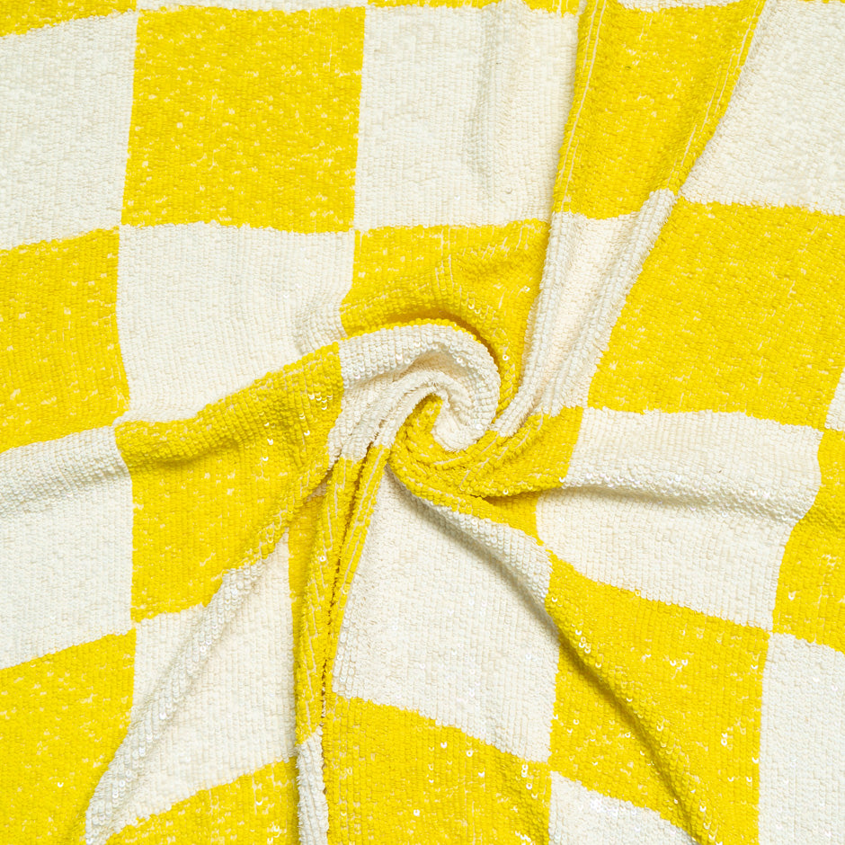 Canary Yellow & Ivory Check Sequinned Georgette