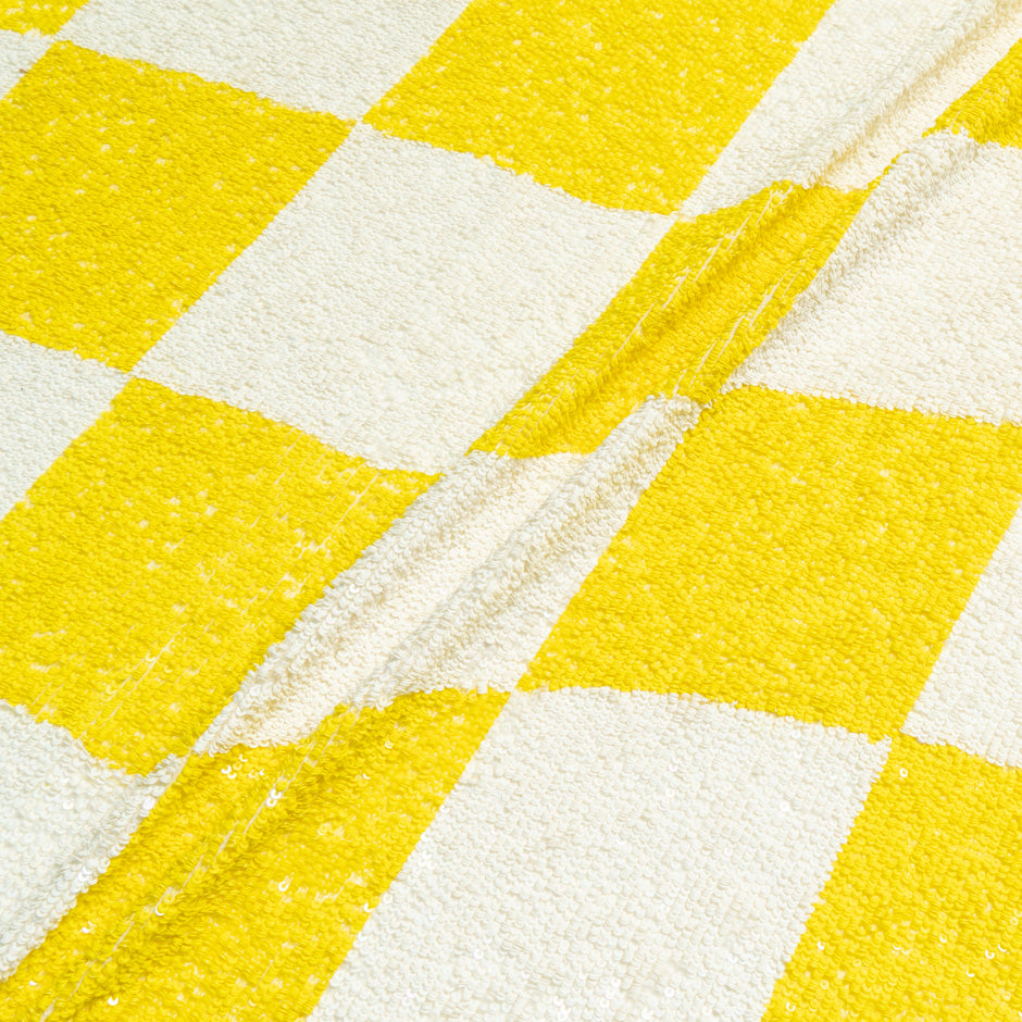 Canary Yellow & Ivory Check Sequinned Georgette