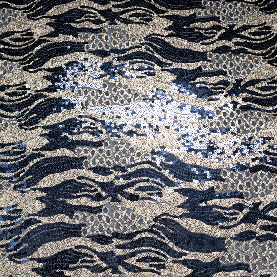 Blue & Gold Sequinned Patterned Tulle