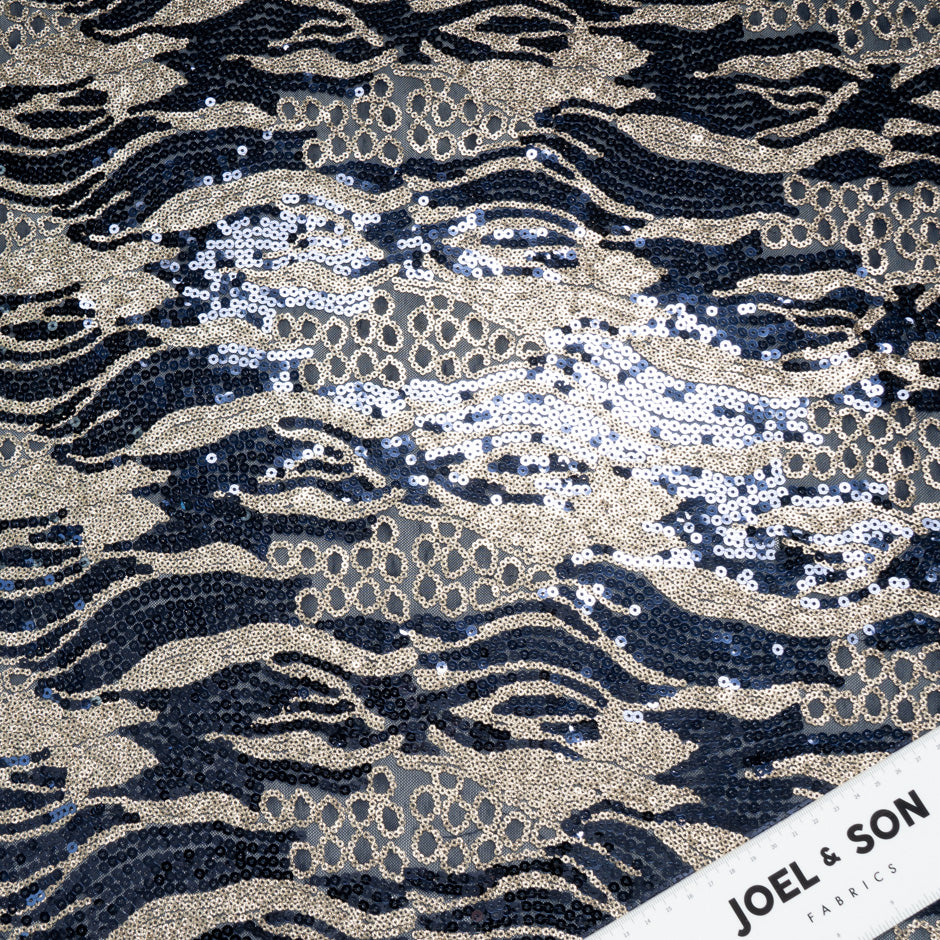 Patterned Tulle Blue & Gold Sequinned Tulle | Luxury Eveningwear