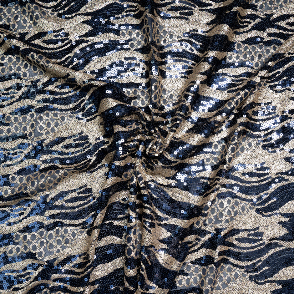Patterned Tulle Blue & Gold Sequinned Tulle | Luxury Eveningwear