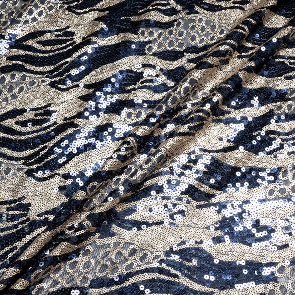 Blue & Gold Sequinned Patterned Tulle
