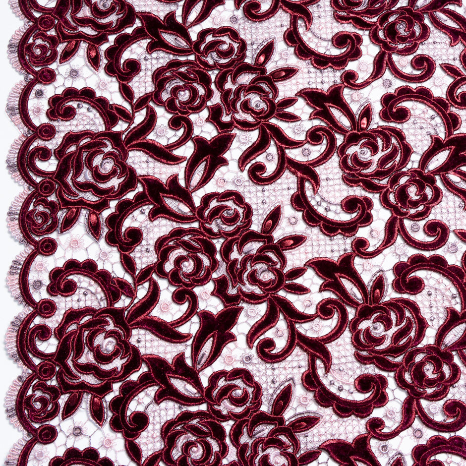 Burgundy Floral Velvet Guipure Lace