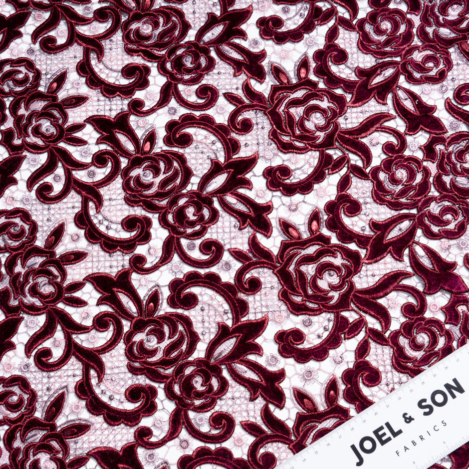 Burgundy Floral Velvet Guipure Lace