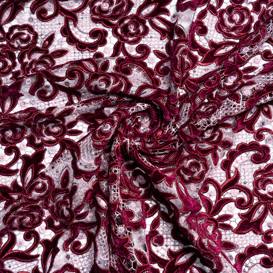 Burgundy Floral Velvet Guipure Lace