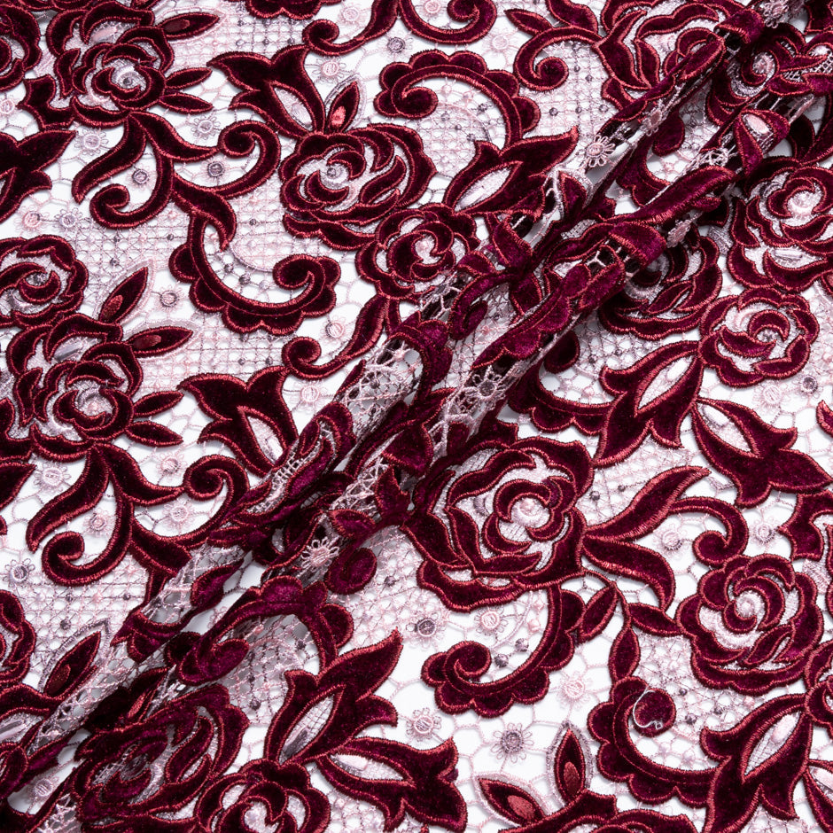 Burgundy Floral Velvet Guipure Lace