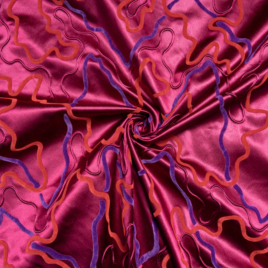 Purple & Red Flocked Burgundy Stretch Satin