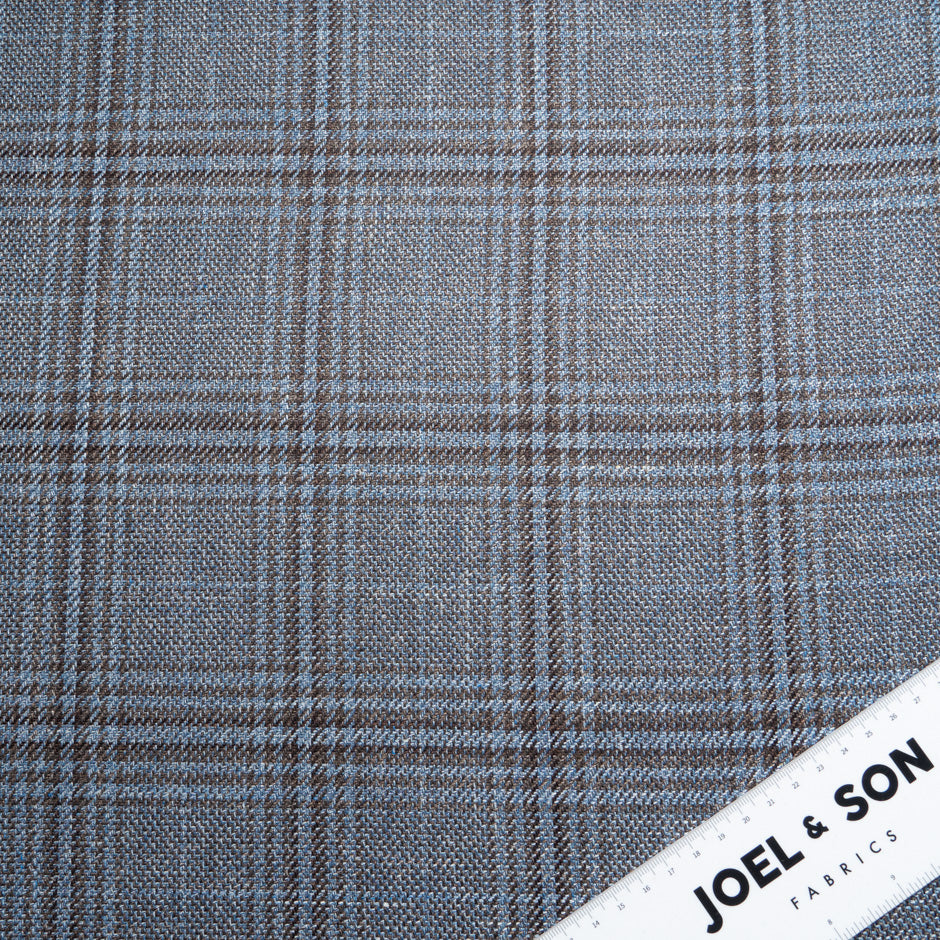 Blue & Brown Check Wool, Silk & Linen Blend