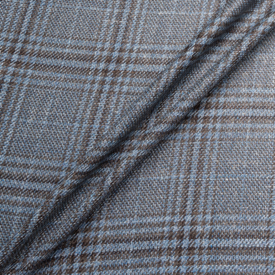 Blue & Brown Check Wool, Silk & Linen Blend