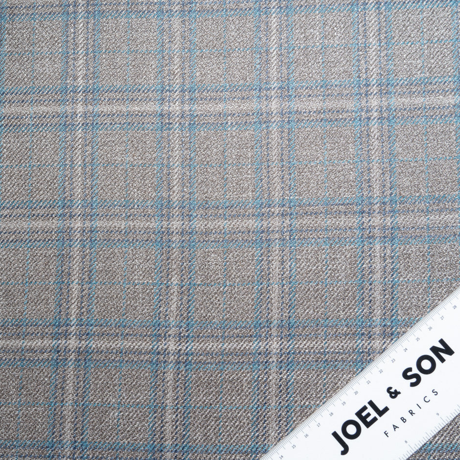 Soft Brown & Teal Check Wool, Silk & Linen Blend