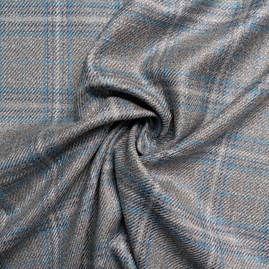 Soft Brown & Teal Check Wool, Silk & Linen Blend