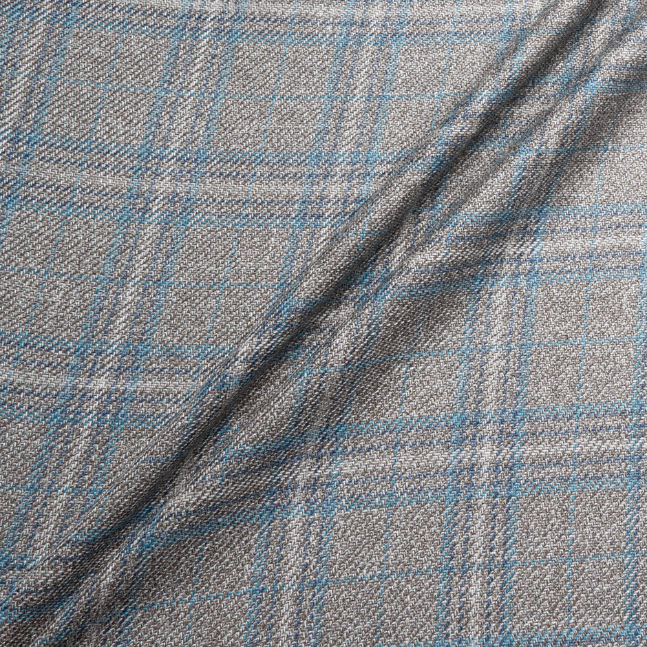 Soft Brown & Teal Check Wool, Silk & Linen Blend