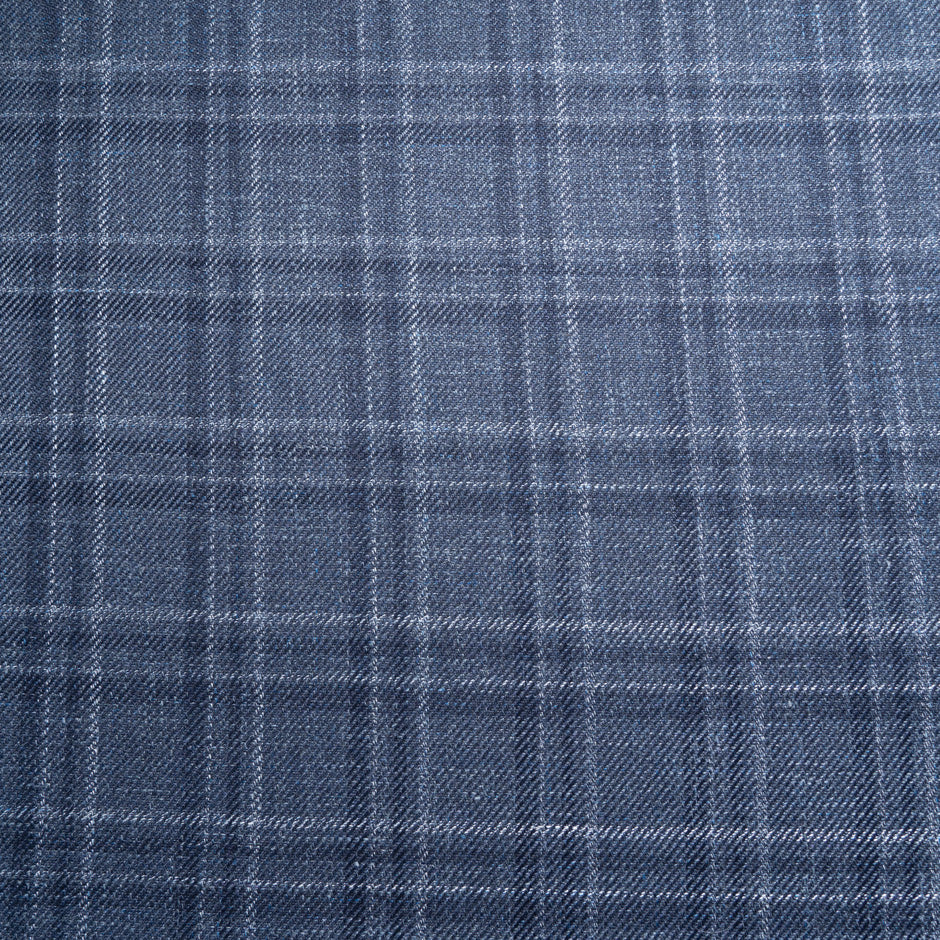 Blue & Ivory Check Wool, Silk & Linen Blend
