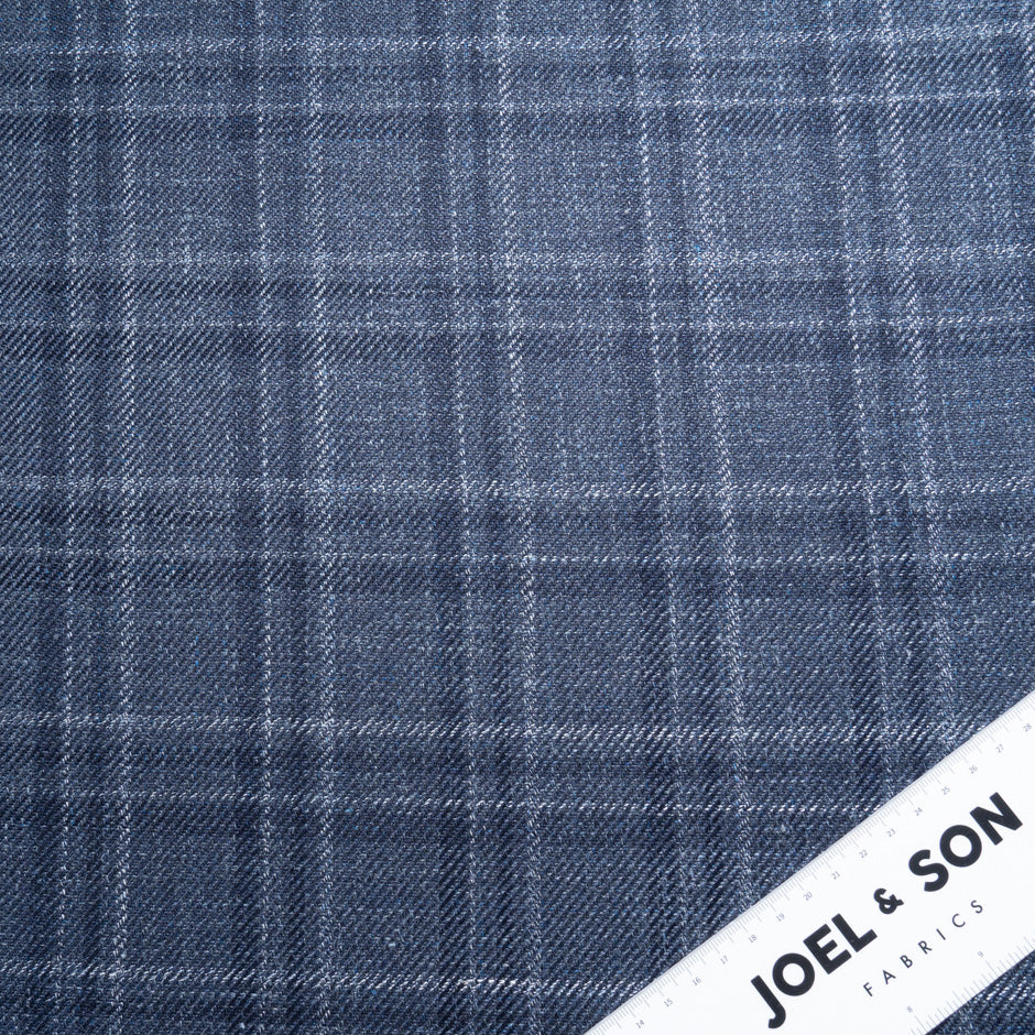 Blue & Ivory Check Wool, Silk & Linen Blend