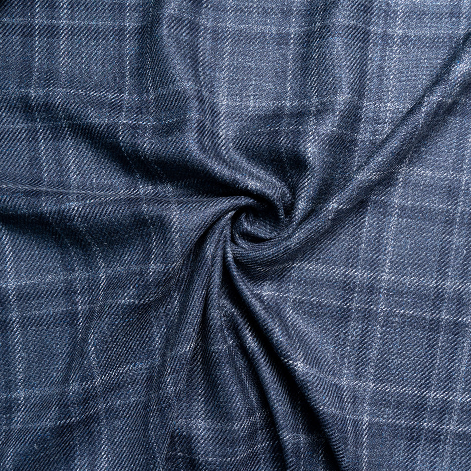 Blue & Ivory Check Wool, Silk & Linen Blend