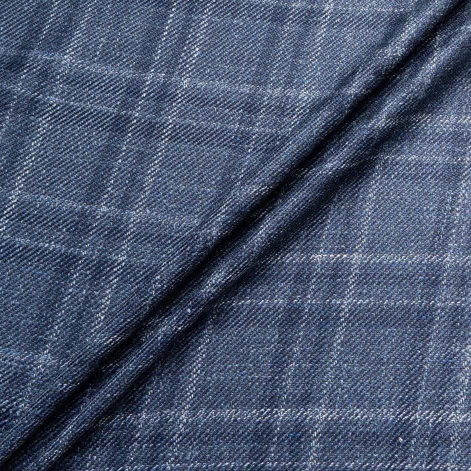 Blue & Ivory Check Wool, Silk & Linen Blend