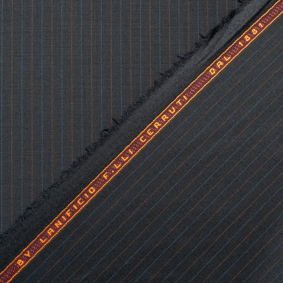 Blue & Orange Pinstriped Grey Pure Wool Suiting